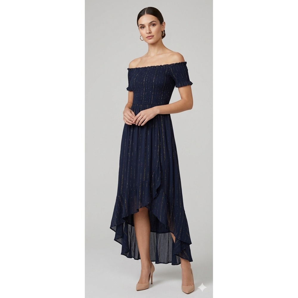 Mi Ami Navy Romantic Parisian Gold Metallic Pinstripe Smocked High Low Maxi‎ L
